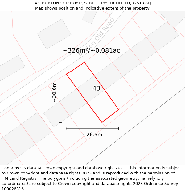 43, BURTON OLD ROAD, STREETHAY, LICHFIELD, WS13 8LJ: Plot and title map