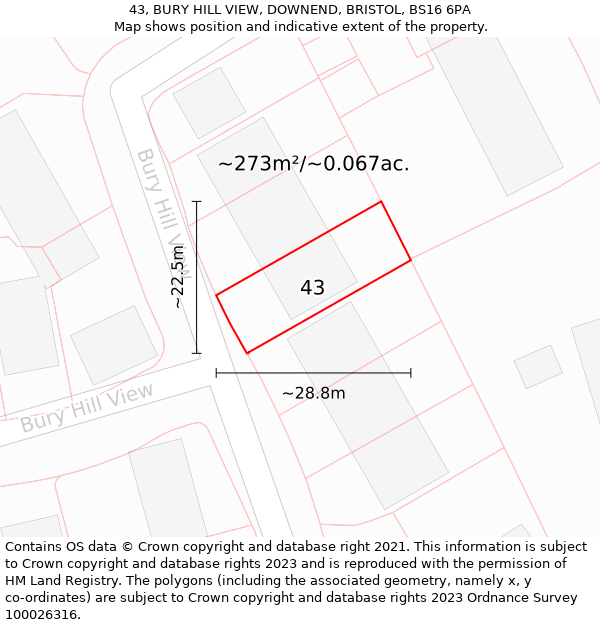 43, BURY HILL VIEW, DOWNEND, BRISTOL, BS16 6PA: Plot and title map