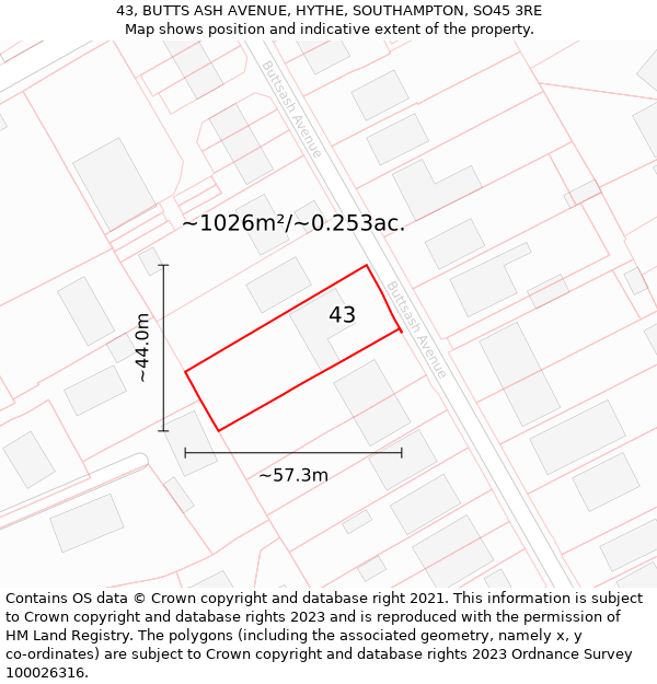 43, BUTTS ASH AVENUE, HYTHE, SOUTHAMPTON, SO45 3RE: Plot and title map