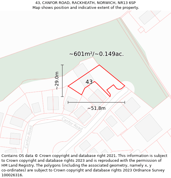 43, CANFOR ROAD, RACKHEATH, NORWICH, NR13 6SP: Plot and title map