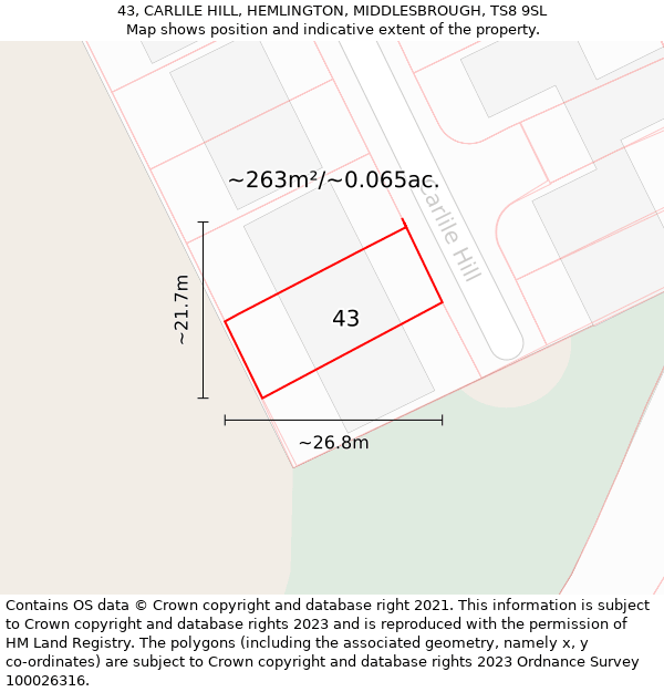 43, CARLILE HILL, HEMLINGTON, MIDDLESBROUGH, TS8 9SL: Plot and title map