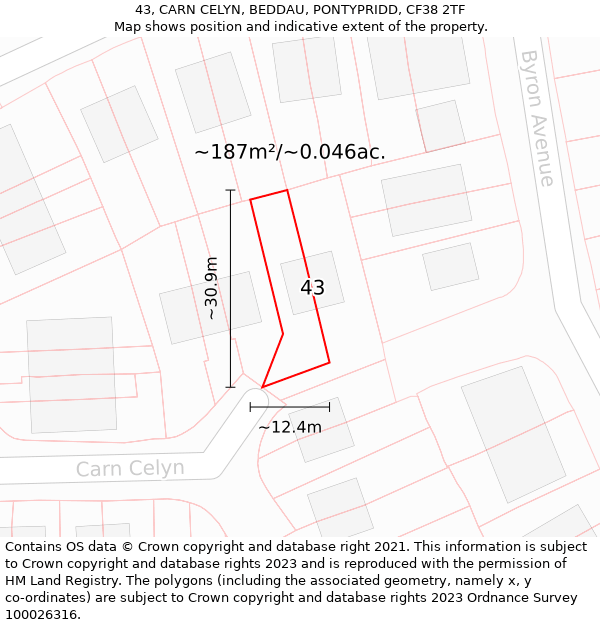 43, CARN CELYN, BEDDAU, PONTYPRIDD, CF38 2TF: Plot and title map