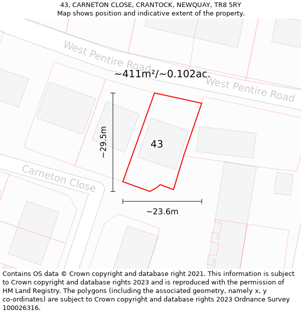 43, CARNETON CLOSE, CRANTOCK, NEWQUAY, TR8 5RY: Plot and title map