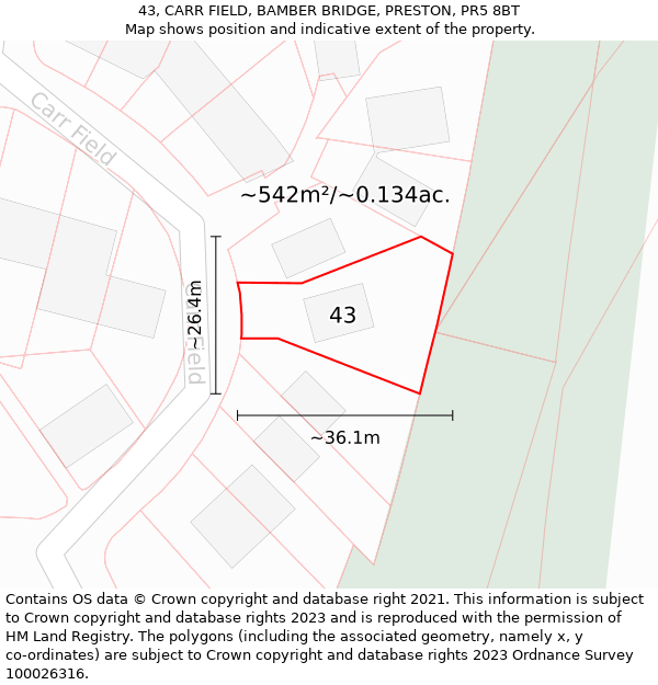 43, CARR FIELD, BAMBER BRIDGE, PRESTON, PR5 8BT: Plot and title map