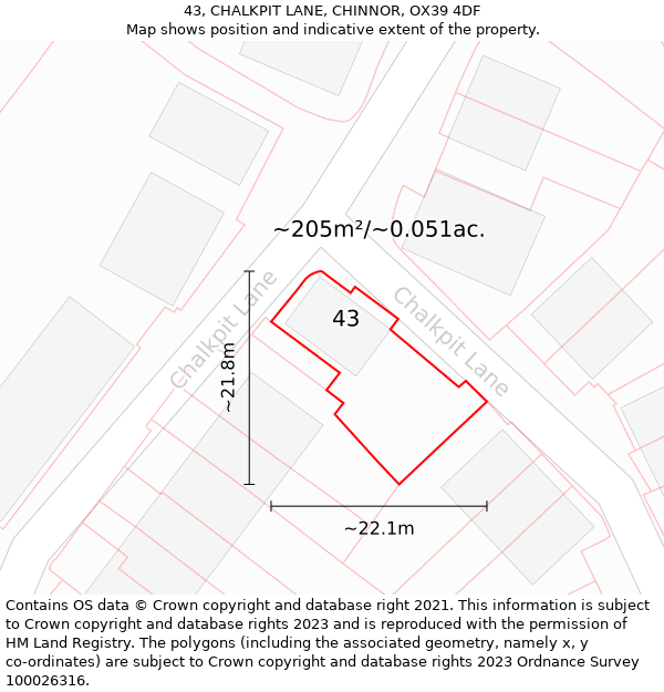 43, CHALKPIT LANE, CHINNOR, OX39 4DF: Plot and title map