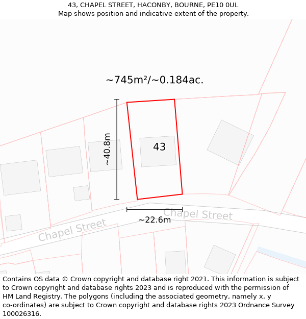 43, CHAPEL STREET, HACONBY, BOURNE, PE10 0UL: Plot and title map