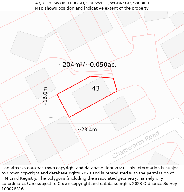 43, CHATSWORTH ROAD, CRESWELL, WORKSOP, S80 4LH: Plot and title map