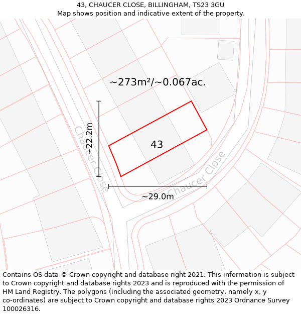 43, CHAUCER CLOSE, BILLINGHAM, TS23 3GU: Plot and title map