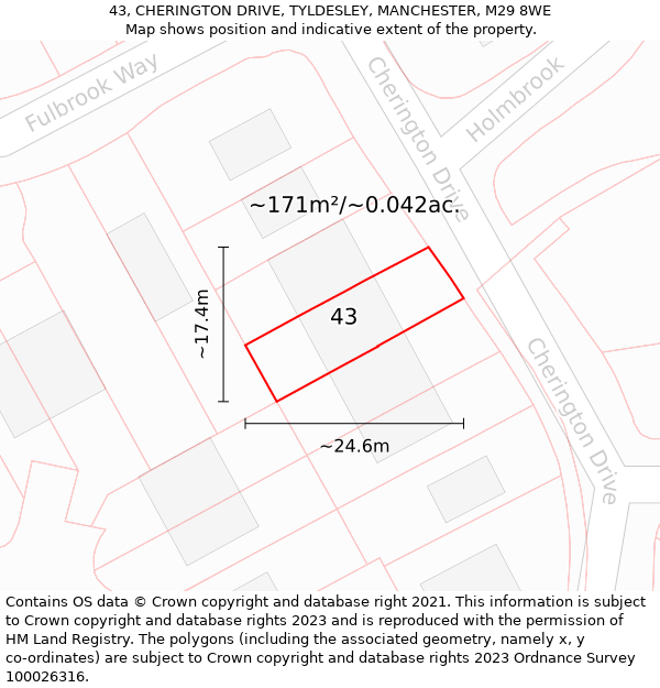 43, CHERINGTON DRIVE, TYLDESLEY, MANCHESTER, M29 8WE: Plot and title map