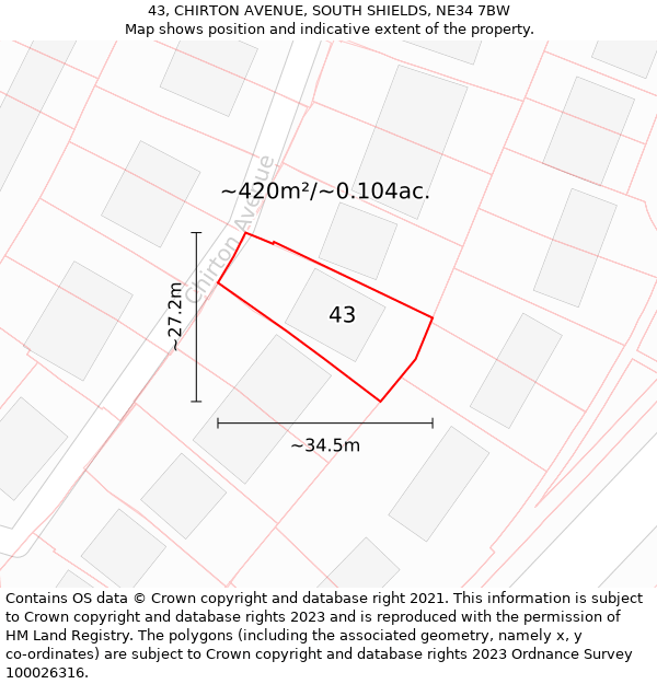 43, CHIRTON AVENUE, SOUTH SHIELDS, NE34 7BW: Plot and title map