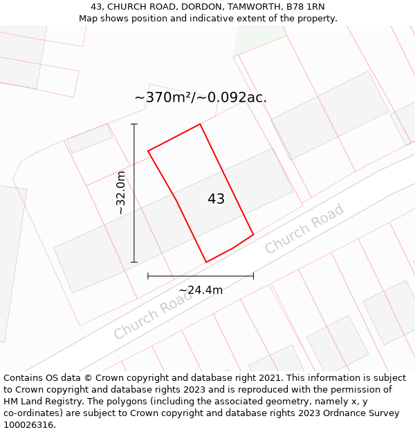 43, CHURCH ROAD, DORDON, TAMWORTH, B78 1RN: Plot and title map