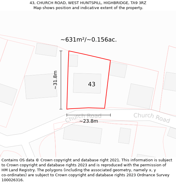 43, CHURCH ROAD, WEST HUNTSPILL, HIGHBRIDGE, TA9 3RZ: Plot and title map