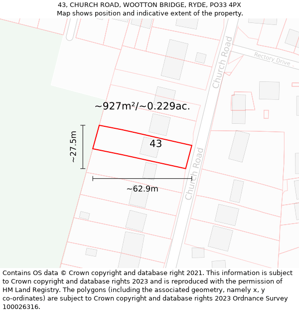 43, CHURCH ROAD, WOOTTON BRIDGE, RYDE, PO33 4PX: Plot and title map