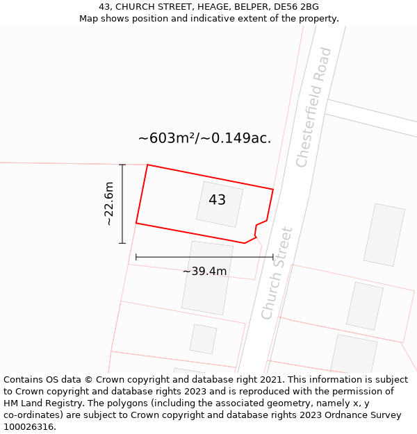 43, CHURCH STREET, HEAGE, BELPER, DE56 2BG: Plot and title map