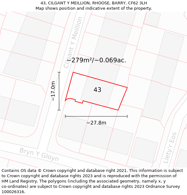 43, CILGANT Y MEILLION, RHOOSE, BARRY, CF62 3LH: Plot and title map