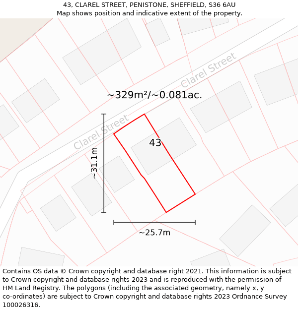 43, CLAREL STREET, PENISTONE, SHEFFIELD, S36 6AU: Plot and title map