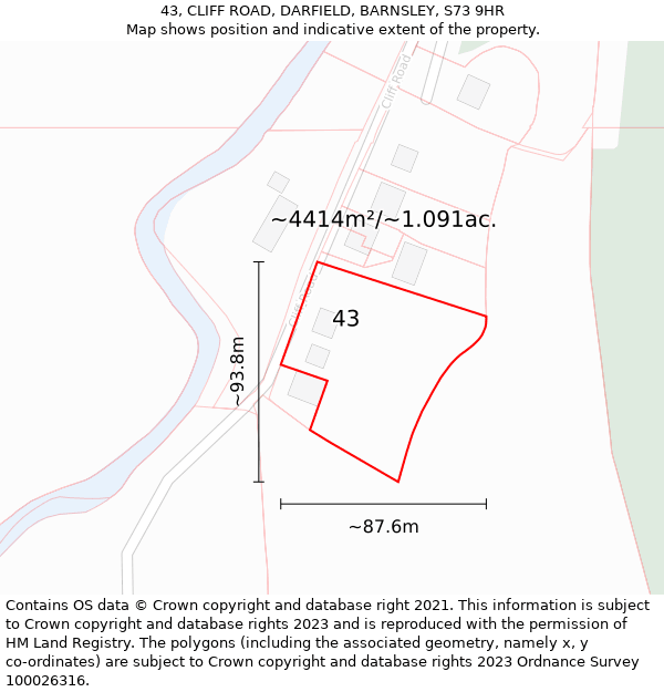 43, CLIFF ROAD, DARFIELD, BARNSLEY, S73 9HR: Plot and title map