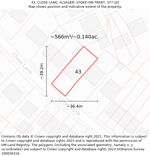 43, CLOSE LANE, ALSAGER, STOKE-ON-TRENT, ST7 2JS: Plot and title map