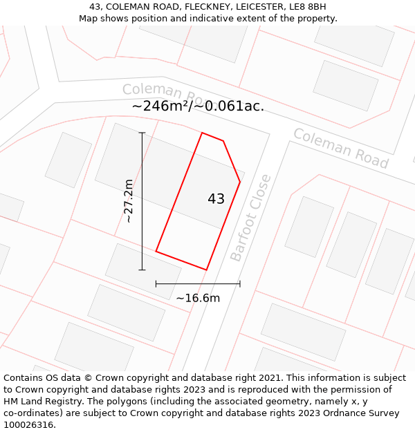 43, COLEMAN ROAD, FLECKNEY, LEICESTER, LE8 8BH: Plot and title map