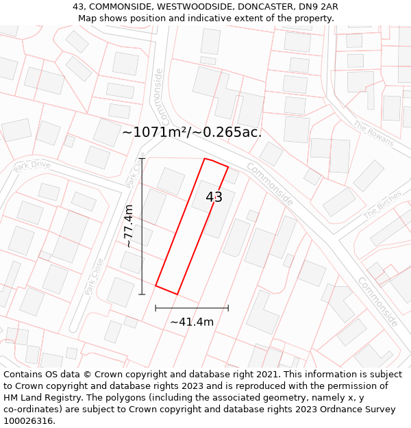 43, COMMONSIDE, WESTWOODSIDE, DONCASTER, DN9 2AR: Plot and title map