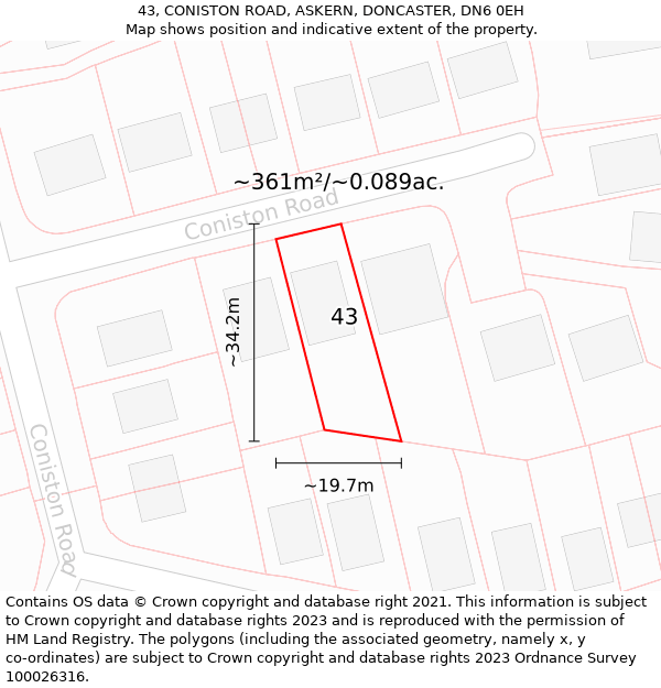 43, CONISTON ROAD, ASKERN, DONCASTER, DN6 0EH: Plot and title map