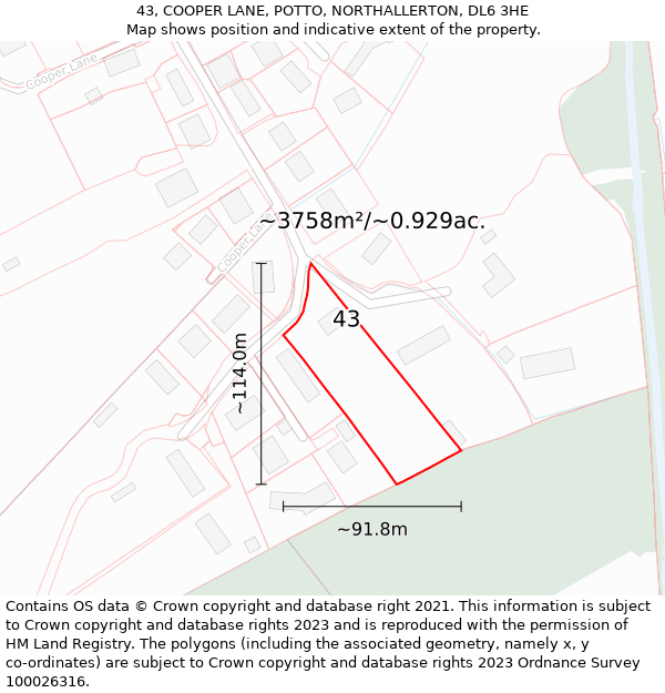 43, COOPER LANE, POTTO, NORTHALLERTON, DL6 3HE: Plot and title map