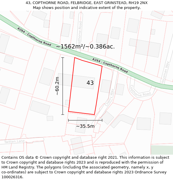 43, COPTHORNE ROAD, FELBRIDGE, EAST GRINSTEAD, RH19 2NX: Plot and title map