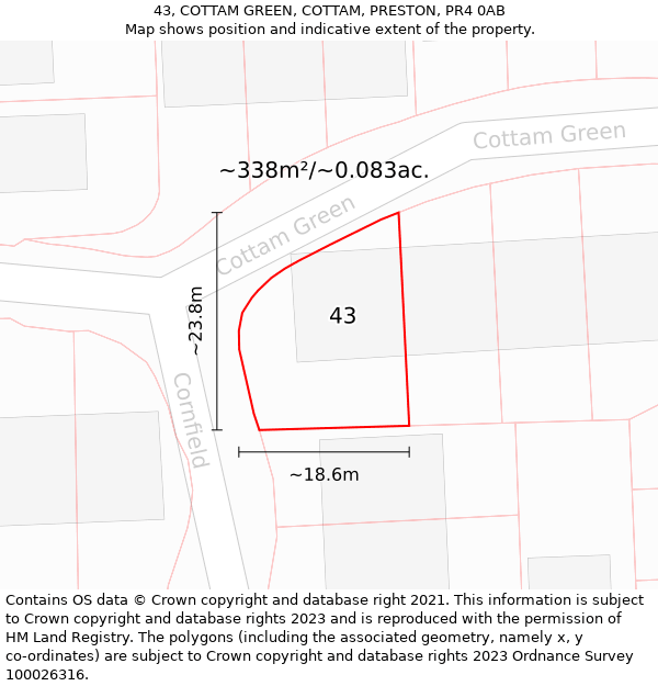 43, COTTAM GREEN, COTTAM, PRESTON, PR4 0AB: Plot and title map