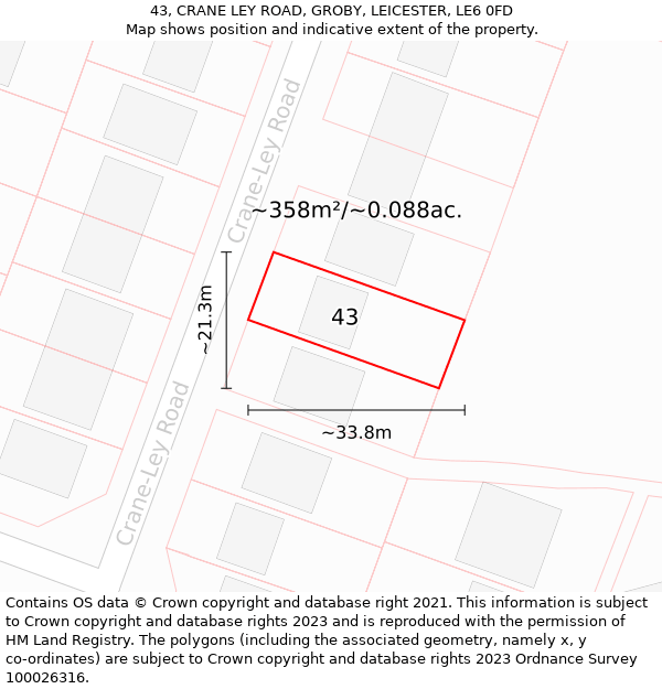 43, CRANE LEY ROAD, GROBY, LEICESTER, LE6 0FD: Plot and title map