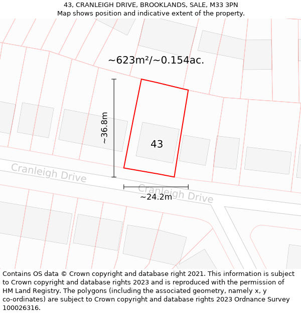 43, CRANLEIGH DRIVE, BROOKLANDS, SALE, M33 3PN: Plot and title map