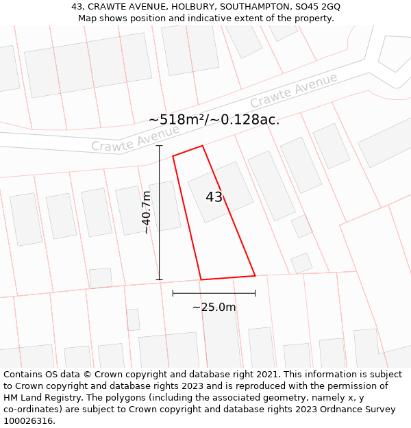 43, CRAWTE AVENUE, HOLBURY, SOUTHAMPTON, SO45 2GQ: Plot and title map