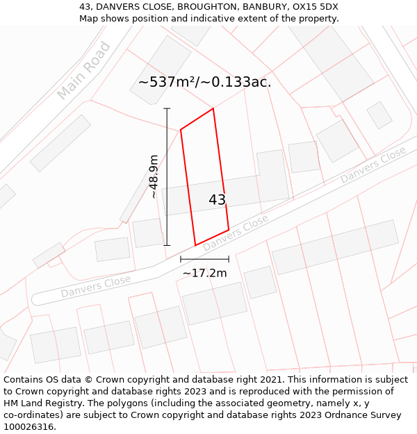 43, DANVERS CLOSE, BROUGHTON, BANBURY, OX15 5DX: Plot and title map