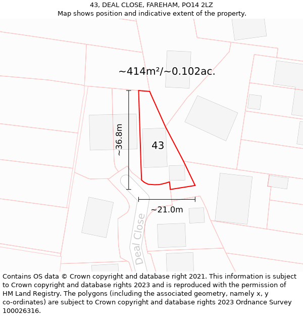 43, DEAL CLOSE, FAREHAM, PO14 2LZ: Plot and title map