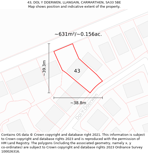 43, DOL Y DDERWEN, LLANGAIN, CARMARTHEN, SA33 5BE: Plot and title map