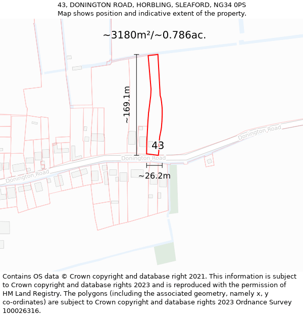 43, DONINGTON ROAD, HORBLING, SLEAFORD, NG34 0PS: Plot and title map