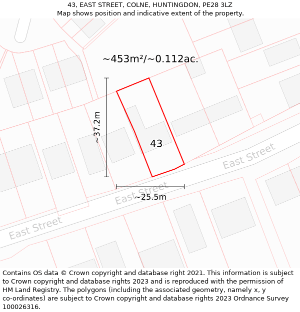 43, EAST STREET, COLNE, HUNTINGDON, PE28 3LZ: Plot and title map