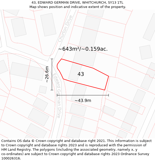 43, EDWARD GERMAN DRIVE, WHITCHURCH, SY13 1TL: Plot and title map