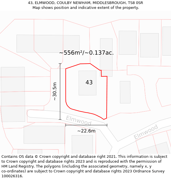 43, ELMWOOD, COULBY NEWHAM, MIDDLESBROUGH, TS8 0SR: Plot and title map