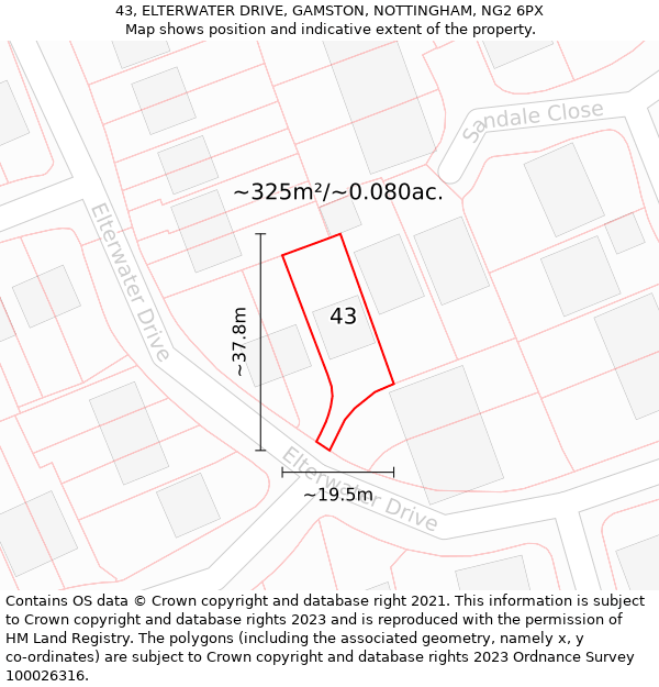 43, ELTERWATER DRIVE, GAMSTON, NOTTINGHAM, NG2 6PX: Plot and title map