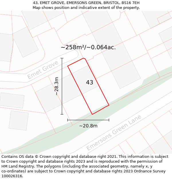 43, EMET GROVE, EMERSONS GREEN, BRISTOL, BS16 7EH: Plot and title map