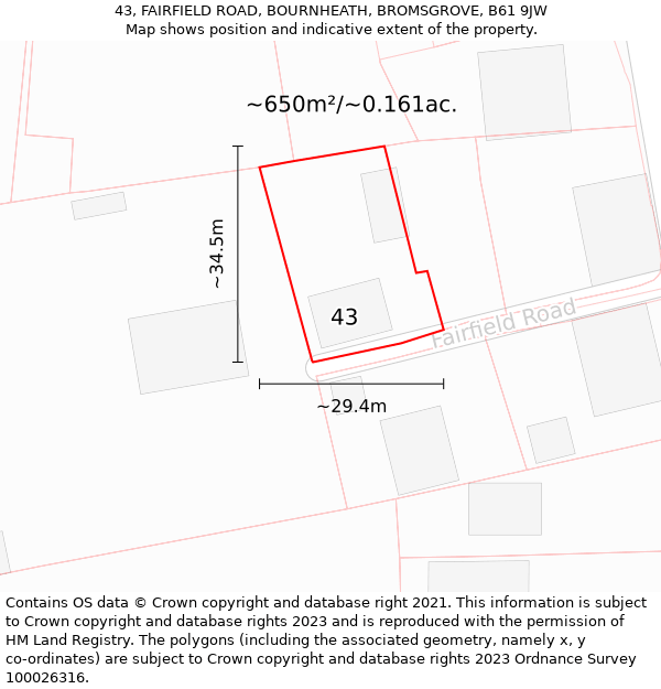 43, FAIRFIELD ROAD, BOURNHEATH, BROMSGROVE, B61 9JW: Plot and title map