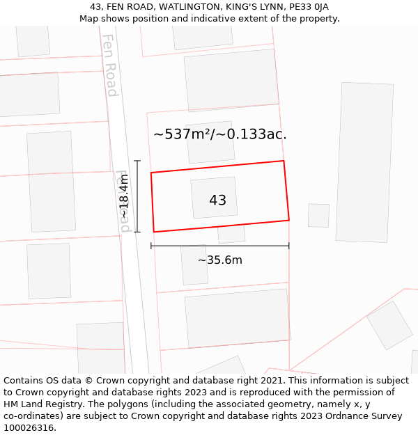 43, FEN ROAD, WATLINGTON, KING'S LYNN, PE33 0JA: Plot and title map