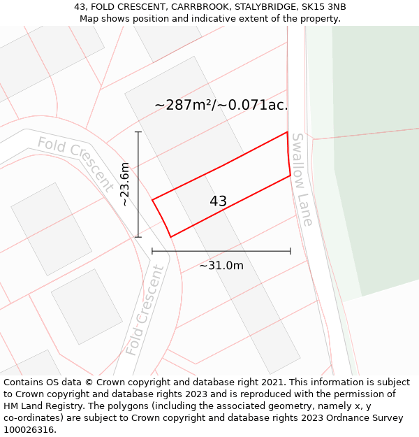 43, FOLD CRESCENT, CARRBROOK, STALYBRIDGE, SK15 3NB: Plot and title map