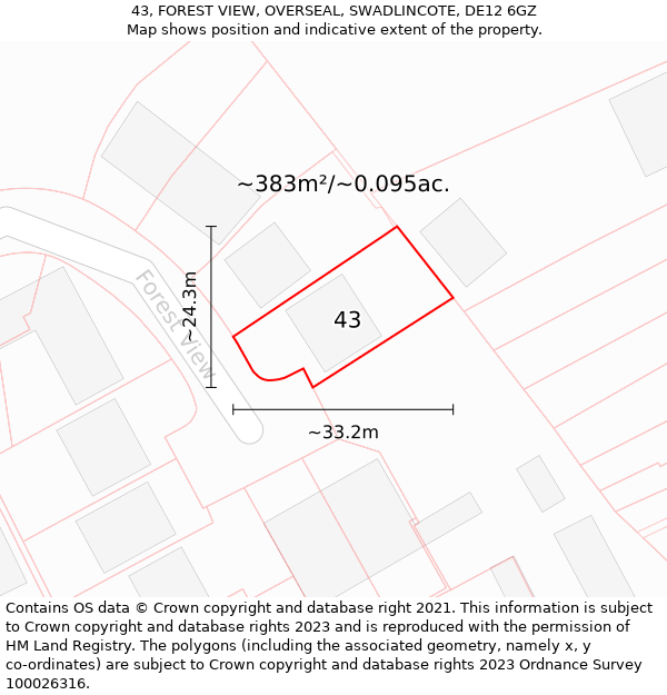 43, FOREST VIEW, OVERSEAL, SWADLINCOTE, DE12 6GZ: Plot and title map