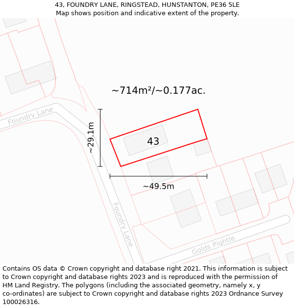 43, FOUNDRY LANE, RINGSTEAD, HUNSTANTON, PE36 5LE: Plot and title map