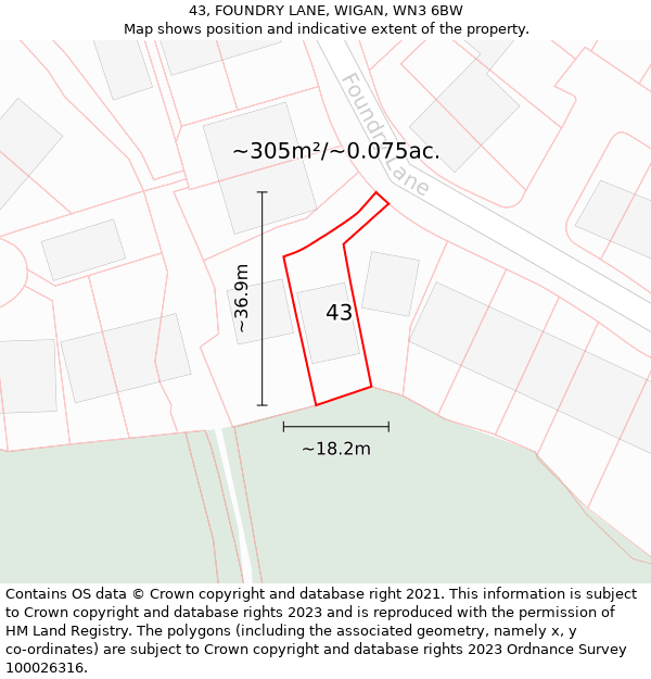 43, FOUNDRY LANE, WIGAN, WN3 6BW: Plot and title map