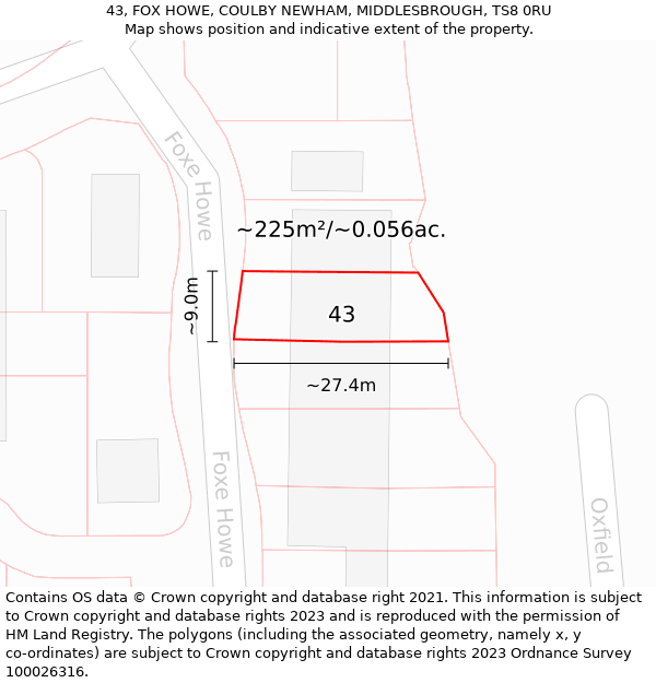 43, FOX HOWE, COULBY NEWHAM, MIDDLESBROUGH, TS8 0RU: Plot and title map