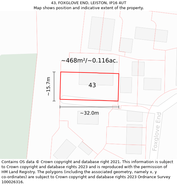 43, FOXGLOVE END, LEISTON, IP16 4UT: Plot and title map