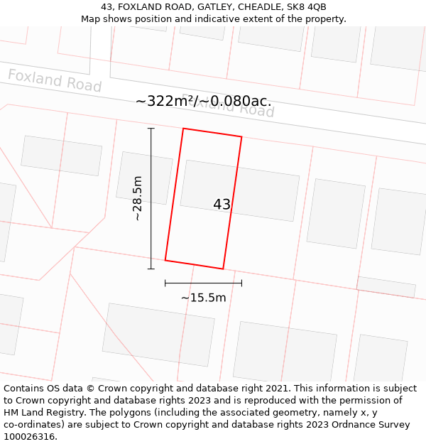 43, FOXLAND ROAD, GATLEY, CHEADLE, SK8 4QB: Plot and title map