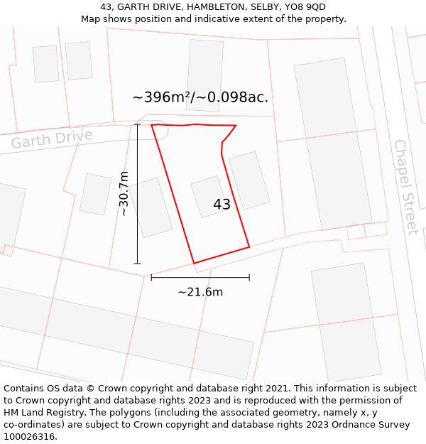 43, GARTH DRIVE, HAMBLETON, SELBY, YO8 9QD: Plot and title map